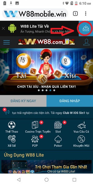 Tải App W88 Hướng Dẫn Download Ứng Dụng W88 iOS & Android 18 Nhìn lên góc trên và mở menu tải app W88