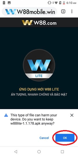 Tải App W88 Hướng Dẫn Download Ứng Dụng W88 iOS & Android 20 Chọn “OK” để bắt đầu quá trình tải app w88